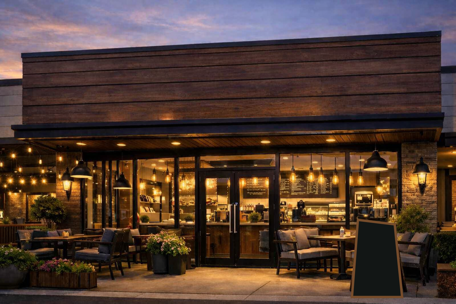 Warm cafe storefront at evening